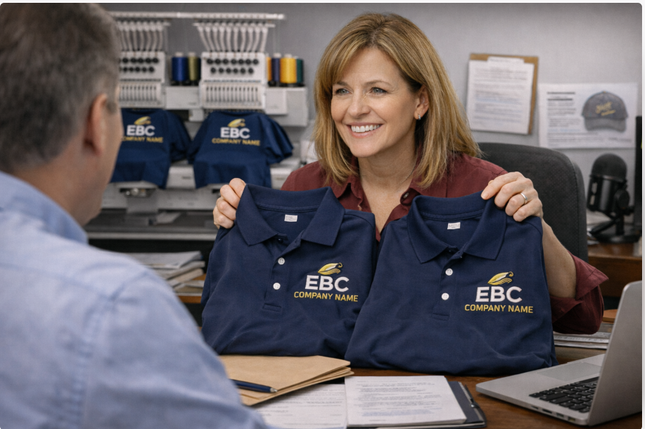 Happy Embroiderer showing her high-quality embroidery to her customer.